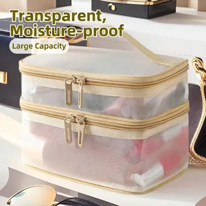 Double Layer Mesh Cosmetic Bag Nylon Portable Large Capacity Toiletry Travel Organizer Simple Handbag Semi Transparent