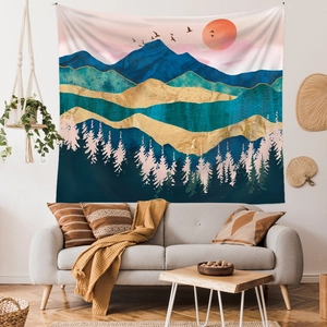Minimalist mountain landscape tapestry featuring abstract blue hills and golden sunset clouds