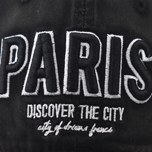 Black washed cotton baseball cap featuring white PARIS 3D embroidery detail