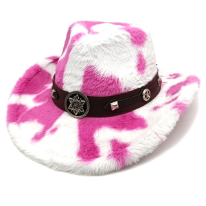 Detail of pink cow print plush cowboy hat with brown leather band and metallic studs
