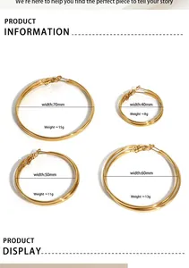 Detailed size chart for gold stainless steel hoop earrings showing 40mm to 70mm options