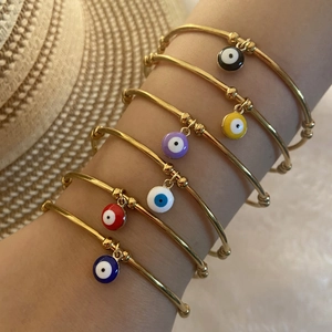 Stainless Steel Evil Eye Bangle Bracelet Enamel Eye Dangle Open Adjustable Cuff Fashion Jewelry For Women Girls
