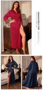 Luxurious satin long robe with delicate lace cuffs and adjustable waist belt detail
