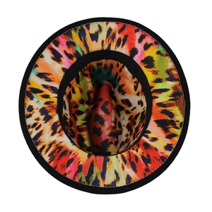 Detailed top view of the colorful leopard print wool fedora with a wide black brim