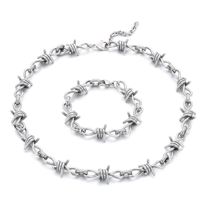 Silver thorn wire necklace and bracelet set in polished titanium steel for men