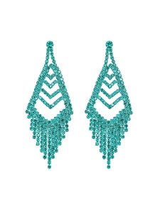 Detail of turquoise rhinestone tassel earrings with a geometric chevron design