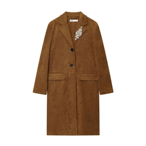 Cappotto Lungo In Finta Pelle Scamosciata Da Donna Elegante Giacca Con Collo A Revers E Bottoni Con Spilla Di Strass Decorazione
