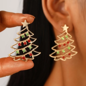 Christmas Tree Stud Earrings Hollow Alloy Rhinestone Festive Holiday Jewelry For Women With Earring Post