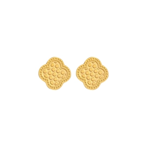 Golden titanium steel four-leaf clover stud earrings with textured beaded edge