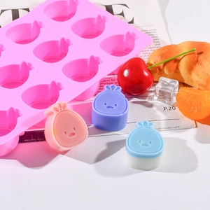 12-cavity pink silicone mold with cute animal characters for jelly and chocolate making