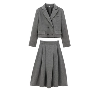 Women Herringbone Woolen Texture Double Breasted Short Blazer And High Waist Pleated Skirt Chic Office Streetwear Grey