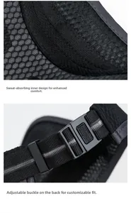 Detail of black sports visor showing breathable mesh fabric and adjustable plastic buckle