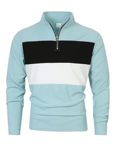 Gros plan sur la maille gaufrée du sweat polo à blocs de couleurs et col zippé