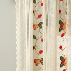 Beige Christmas lace curtain with colorful bell embroidery and wavy scalloped edges
