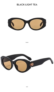Front and side view of oval black sunglasses with light tea lenses and metal accents