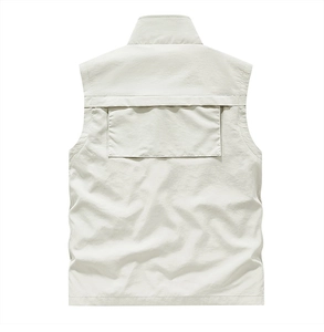 Rear view of outdoor utility vest showing large flap pocket and durable fabric texture