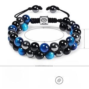8mm natural tiger eye and obsidian tree of life double layer adjustable beaded bracelet