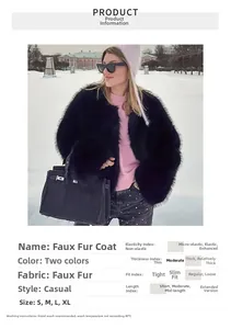 Detailed parameter chart for faux fur coat showing size, fabric, and washing instructions