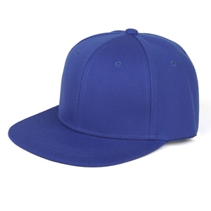 Detail view of navy blue cotton twill snapback cap with flat brim and embroidery eyelets