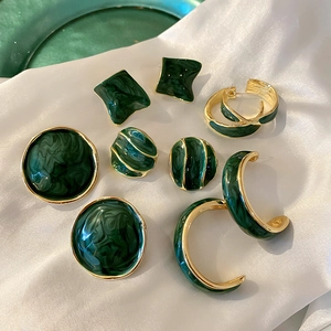 Vintage Green Enamel Geometric Earrings Alloy With 925 Sterling Silver Earring Post French Retro Style Women