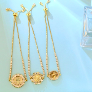 Adjustable gold bracelets with cross and tree of life pendants and colorful zircons