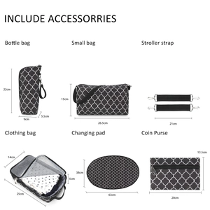 Detailed components of the 7-piece diaper bag set with dimensions and floral patterns