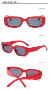 Three-angle views of retro small rectangle red sunglasses with dark lenses