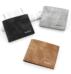 Three men's matte bifold wallets in black, grey, and brown with neat stitching details