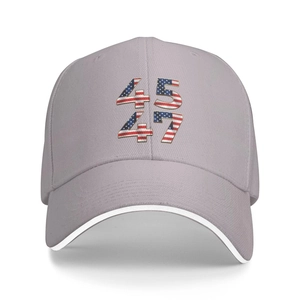 Detailed close-up of gray baseball cap featuring American flag texture 45 and 47 prints