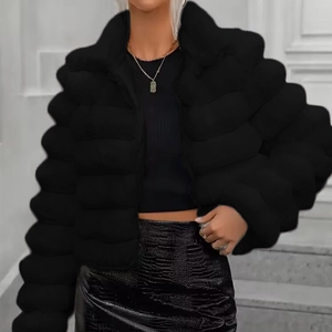 Women's short faux fur jacket in black with unique wave-textured bubble design