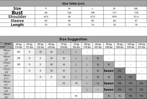 Detailed size chart and measurement guide for men's casual long sleeve shirts and tops