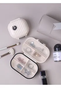 Detail view of mini portable pill box with transparent lid and independent compartments