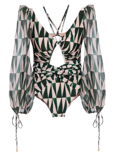 Costume da bagno intero a maniche lunghe con motivo geometrico verde e rosa