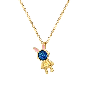Goldene Halskette mit Astronauten-Hase, blauem Edelstein und glitzernden Kristallen