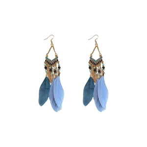 Bohemian feather drop earrings with blue beads and vintage gold weaving on white background