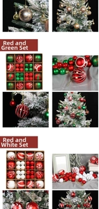 Detail of red and white painted Christmas balls with snowflake and stripe patterns