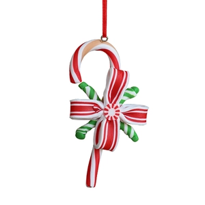 Christmas candy cane hanging ornament with red white green stripes and bow decoration