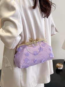 Women's purple mesh shell bag with 3D floral lace, gold chain strap, and butterfly clasp