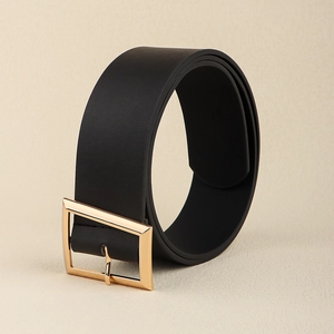 Chic black leather waist belt for dresses with minimalist gold geometric metal buckle