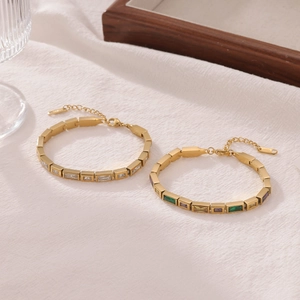 Minimalist Titanium Steel Geometric Rectangular Stone Bracelet For Women Multi Color Rhinestone Inlaid Adjustable Hand Jewelry Accessory