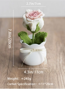 Handmade crochet rose potted plant dimensions shown 20cm height and 11cm width