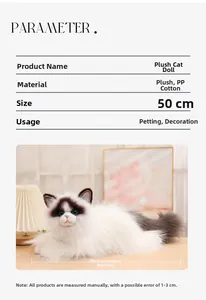 Detailed plush cat specification chart showing 50cm size and soft faux fur texture