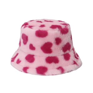Pink plush bucket hat with magenta heart patterns, soft winter faux fur fisher cap for women