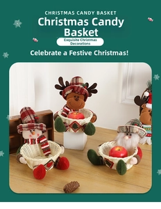 Detailed view of woven Christmas candy baskets with plush reindeer and snowman figures