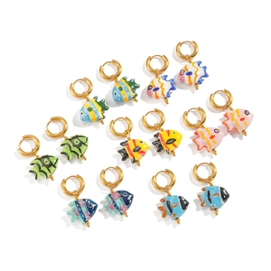 Seven pairs of colorful ceramic koi fish earrings with enamel finish on metal hoops