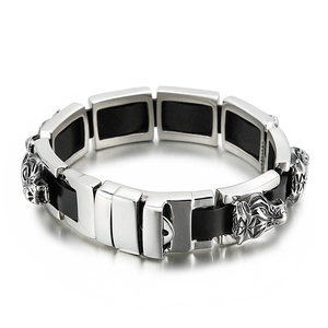 Men's titanium steel tiger head bracelet with black braided leather and clasp