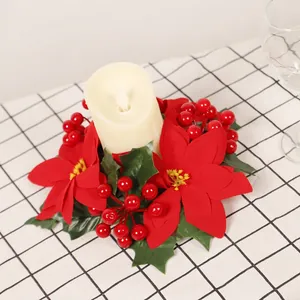 Christmas Poinsettia Candle Ring Wreath Artificial Flower Red Berries Green Leaves Table Centerpiece Holiday Home Decor