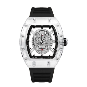 Men's transparent tonneau watch with black rubber strap and iced-out skull dial