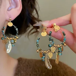 14K Gold Plated Bohemian Retro Hoop Earrings With Stone Beads Feather Leaf Charms 925 Sterling Silver Earring Post