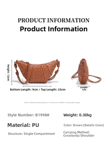 Detail of brown woven PU leather crescent bag with texture and dimension measurements